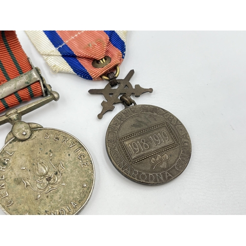 2293 - Five military medals to include India General Service, Serbia medal for bravery, Spanish Civil War V... 