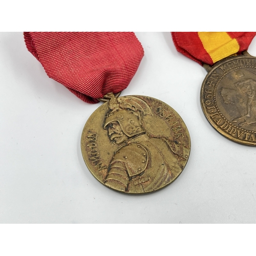 2293 - Five military medals to include India General Service, Serbia medal for bravery, Spanish Civil War V... 