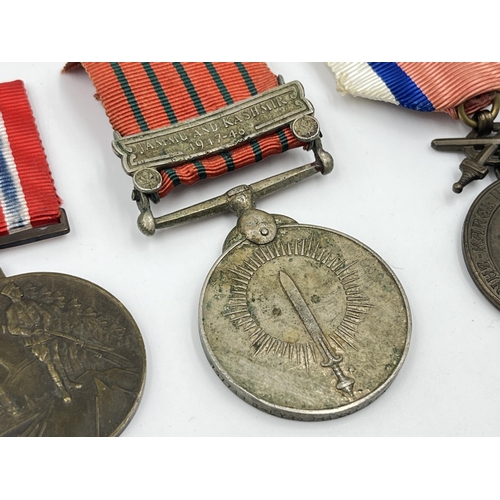 2293 - Five military medals to include India General Service, Serbia medal for bravery, Spanish Civil War V... 