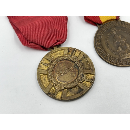 2293 - Five military medals to include India General Service, Serbia medal for bravery, Spanish Civil War V... 