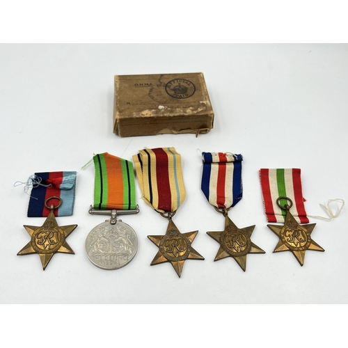 2294 - Five WWII medals, The Defence, The 1939-1945 Star, The France and Germany Star, The Italy Star and T... 