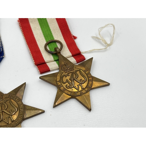 2294 - Five WWII medals, The Defence, The 1939-1945 Star, The France and Germany Star, The Italy Star and T... 