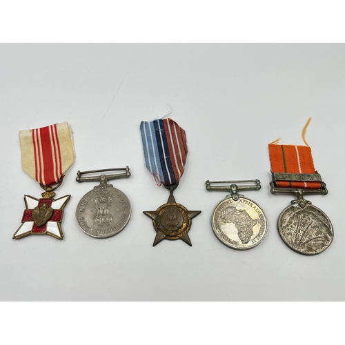 2295 - Five military and police medals to include Africa Service medal, India Police Independence, Belgian ... 