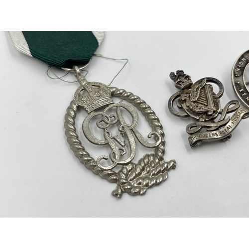 2297 - Three military items, two hallmarked sterling silver cap badges and one Royal Naval Volunteer reserv... 