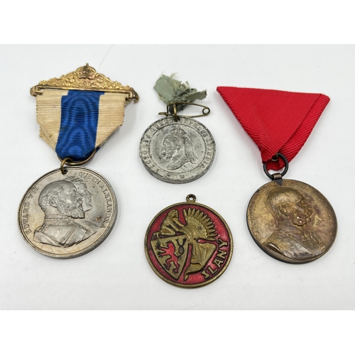 2299 - Four medals to include 1898 Jubilee medal commemorating Franz Joseph I, 1902 Edward VII and Queen Al... 