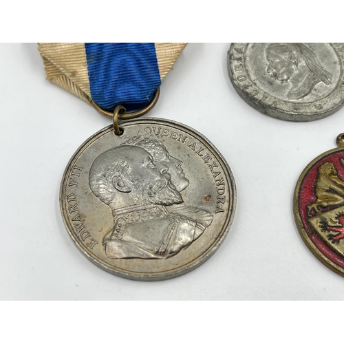 2299 - Four medals to include 1898 Jubilee medal commemorating Franz Joseph I, 1902 Edward VII and Queen Al... 