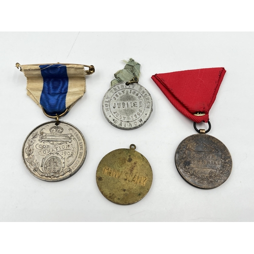 2299 - Four medals to include 1898 Jubilee medal commemorating Franz Joseph I, 1902 Edward VII and Queen Al... 