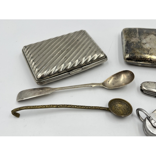 2332 - A collection of items to include .800 silver mustard spoon, Victorian hallmarked London silver condi... 