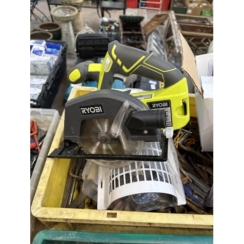 910 - Two boxes of tools containing Ryobi cordless circular saw, eight sealed RAM surveyors closed measure... 