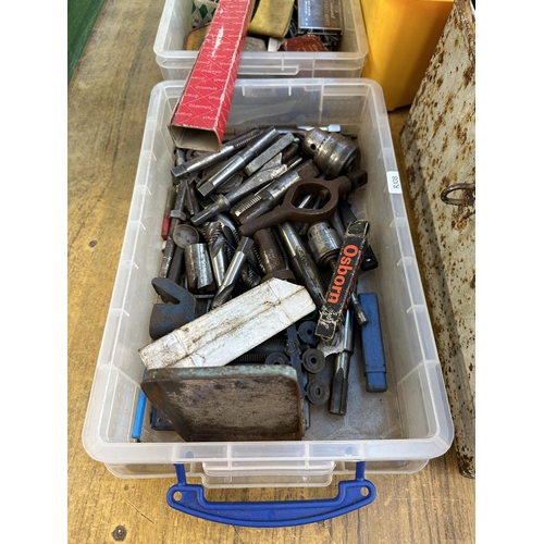 912 - Four boxes containing a collection of tools to include drill bits, metal deed box, hex nut bolts etc... 