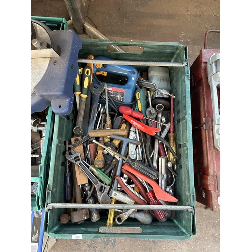 920 - Three boxes containing tools to include Challenge 240v bench saw, spanners, screw drivers, pliers, f... 