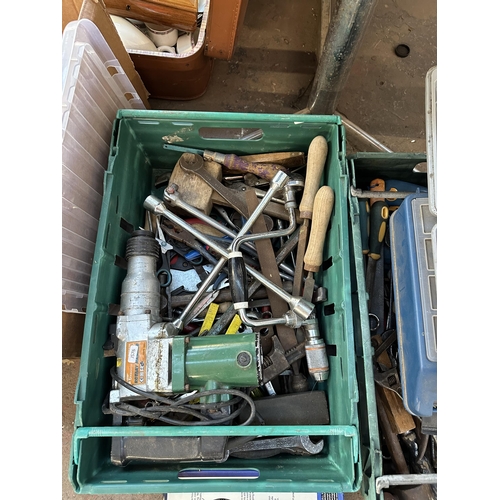 920 - Three boxes containing tools to include Challenge 240v bench saw, spanners, screw drivers, pliers, f... 