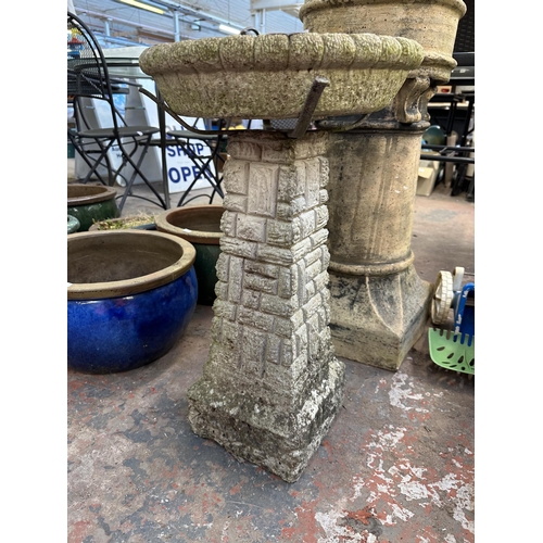 947 - Two garden items, one cast stone pedestal bird bath and one Victorian terracotta crown shaped chimne... 