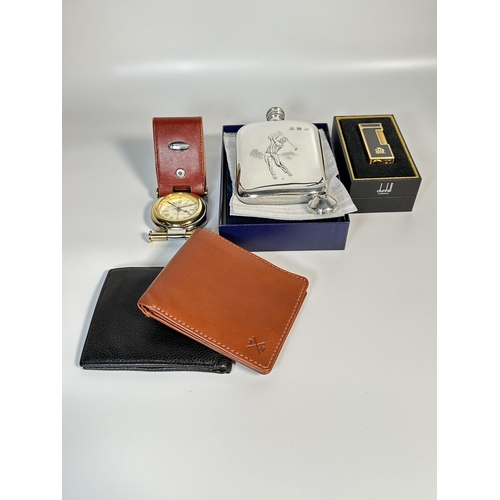 2330 - Five items to include Tumble and Hide brown leather wallet, Dalvey leather cased travel clock, boxed... 