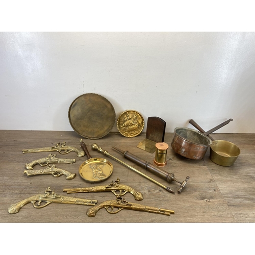 458 - A collection of antique and later brass and copper ware to include 19th century brass saucepan, six ... 