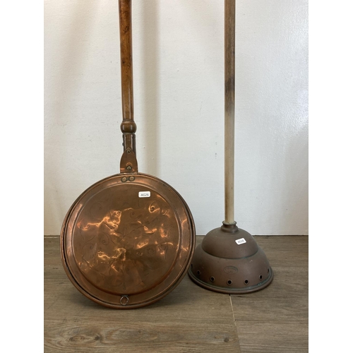 470 - A collection of 19th century and later metalware to include hammered copper and brass coal bucket, c... 