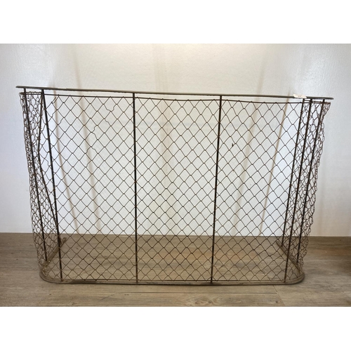 474 - A 19th century wrought metal and mesh fireguard - approx. 70cm high x 105.5cm long x 34cm deep