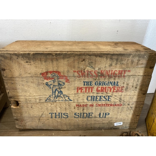 477 - Four items to include vintage Use Alfa-Laval oil can, vintage Swiss Knight cheese shipping crate etc... 