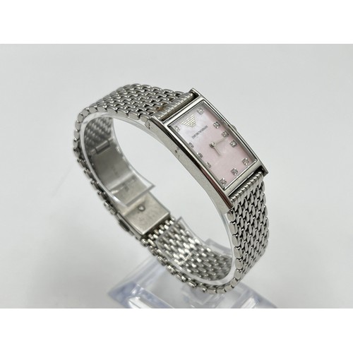 2168 - A boxed Emporio Armani AR-3153 quartz lady's wristwatch with diamond indices, mother of pearl dial, ... 