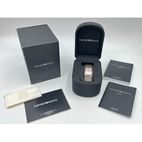 2168 - A boxed Emporio Armani AR-3153 quartz lady's wristwatch with diamond indices, mother of pearl dial, ... 