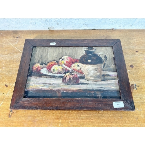 285 - A 20th century oak framed still life oil on canvas of a fruit scene - approx. 33cm high x 46cm wide