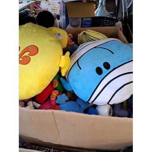 1013 - Five boxes and two bags containing Mr. Men soft toys, glassware, copper bed warming pan, hockey stic... 