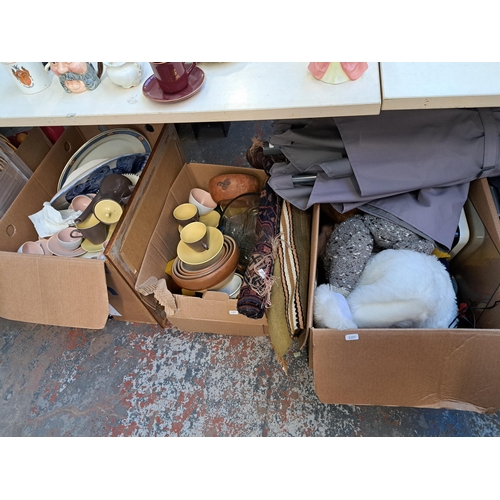 1019 - Six boxes containing Poole pottery tea set, studio pottery, soft toys, Urubamba Cusco hand painted t... 