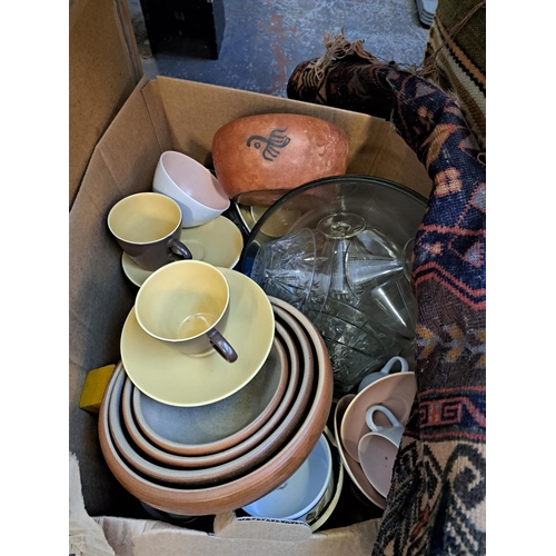 1019 - Six boxes containing Poole pottery tea set, studio pottery, soft toys, Urubamba Cusco hand painted t... 