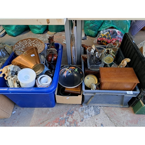 1023 - Six boxes containing Beswick Labrador figurine, copper and brass handled basket, burr walnut storage... 