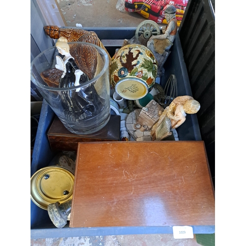 1023 - Six boxes containing Beswick Labrador figurine, copper and brass handled basket, burr walnut storage... 