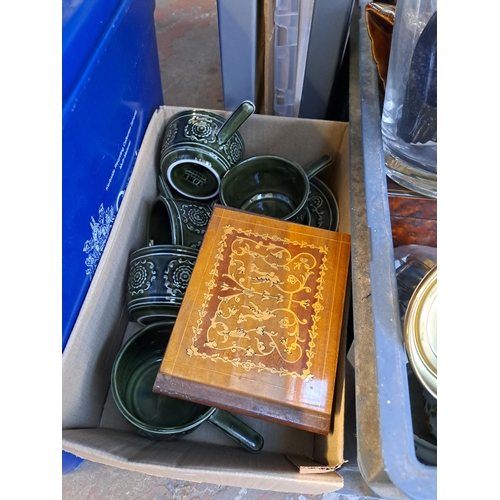 1023 - Six boxes containing Beswick Labrador figurine, copper and brass handled basket, burr walnut storage... 