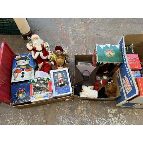 1043 - Four boxes containing Christmas decorations to include musical Santa's, musical snowmen, soft toys, ... 