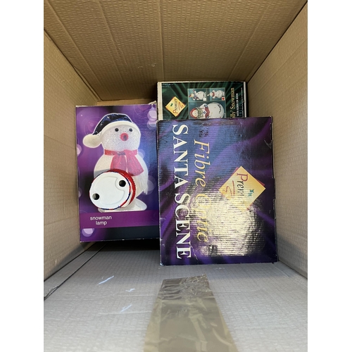 1043 - Four boxes containing Christmas decorations to include musical Santa's, musical snowmen, soft toys, ... 