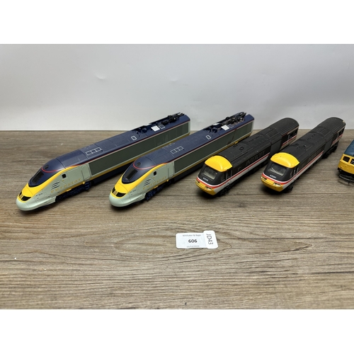 606 - Seven Hornby and Lymer model locomotives and carriages to include Eurostar 3220, Intercity 43080, D6... 