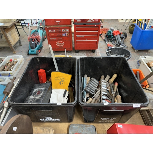 1149 - Two boxes containing a large collection of tools to include sockets, cased vessel impact driver etc.