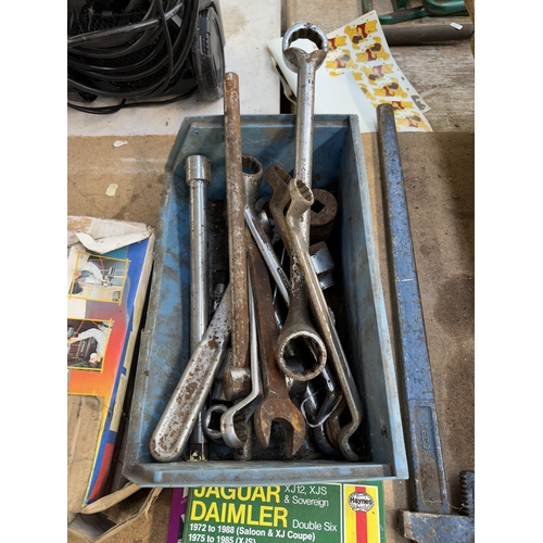 1159 - A collection of tools to include heavy duty sockets and spanners, Record heavy duty pipe wrench etc.