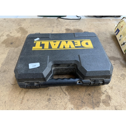 1160 - A DeWalt box containing a cordless hammer drill with two DeWalt batteries and charger