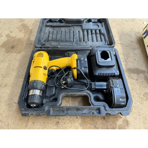 1160 - A DeWalt box containing a cordless hammer drill with two DeWalt batteries and charger