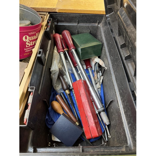 1167 - Three boxes containing tools to include Soinney wood plane, reamers, socket set etc.