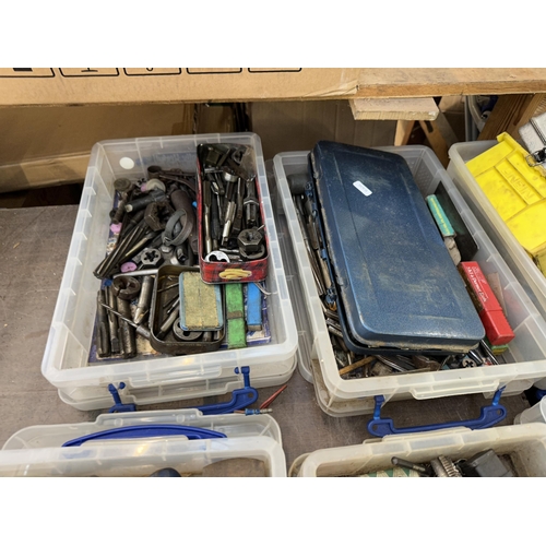 1168 - Six boxes containing a large collection of tools to include taps and dies, sockets etc.