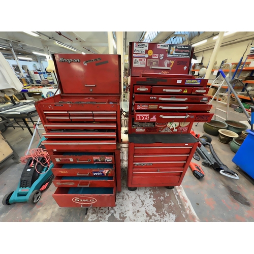 Two stacking mechanic's tool chests with contents, one Snap-On top and bottom and one Beach top and Snap-On bottom