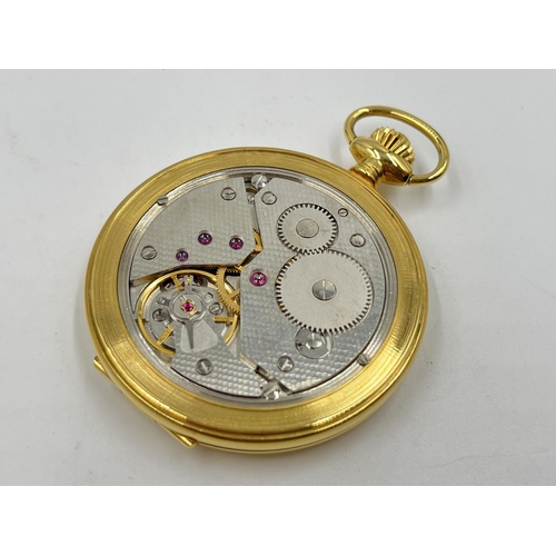 2105 - A boxed Jean Pierre 9ct gold cased full hunter hand wind pocket watch with a chromium plated and gil... 