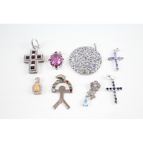 2079 - Eight silver gemstone set pendants to include sapphire, opal etc. - approx. gross weight 50g