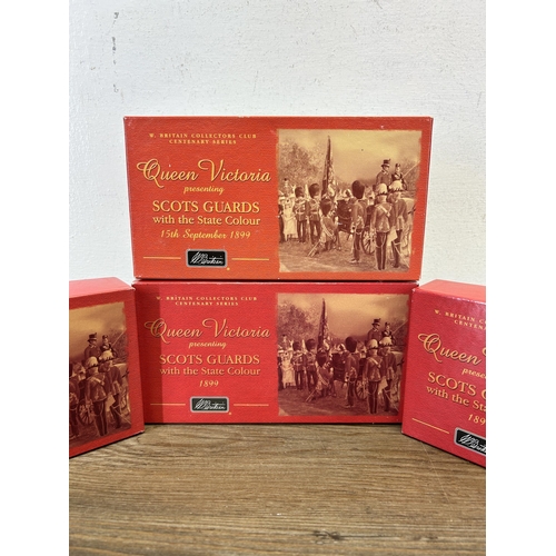 392 - Four boxed Britains Queen Victoria Presenting Scots Guards With The State Colour 1899 Band sets, 402... 