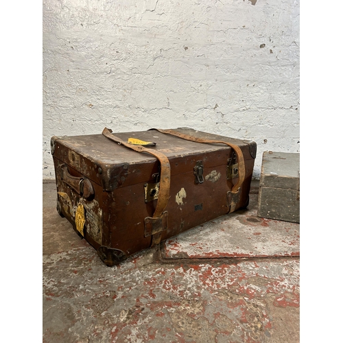 24 - Two early 20th century storage items, one grey painted wooden tool box and one Pukka Luggage brown f... 