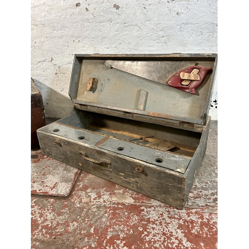 24 - Two early 20th century storage items, one grey painted wooden tool box and one Pukka Luggage brown f... 