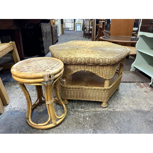 68 - Two pieces of wicker furniture, one hexagonal two tier coffee table and one circular side table