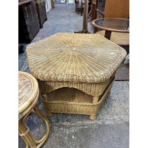 68 - Two pieces of wicker furniture, one hexagonal two tier coffee table and one circular side table