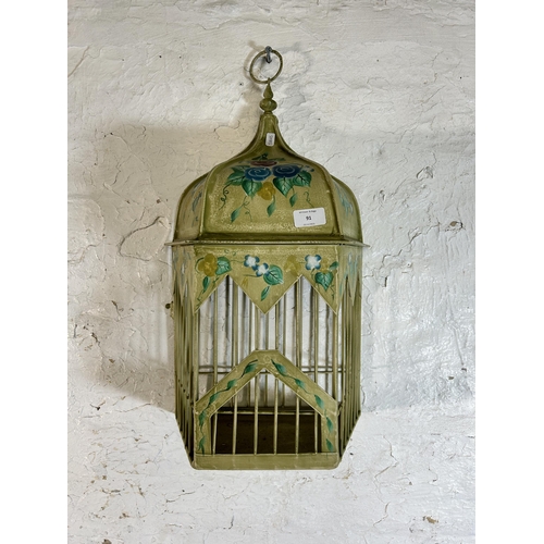 91 - A modern hand painted metal hanging ornamental bird cage - approx. 52cm high