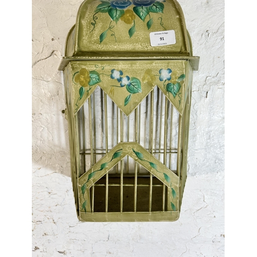 91 - A modern hand painted metal hanging ornamental bird cage - approx. 52cm high